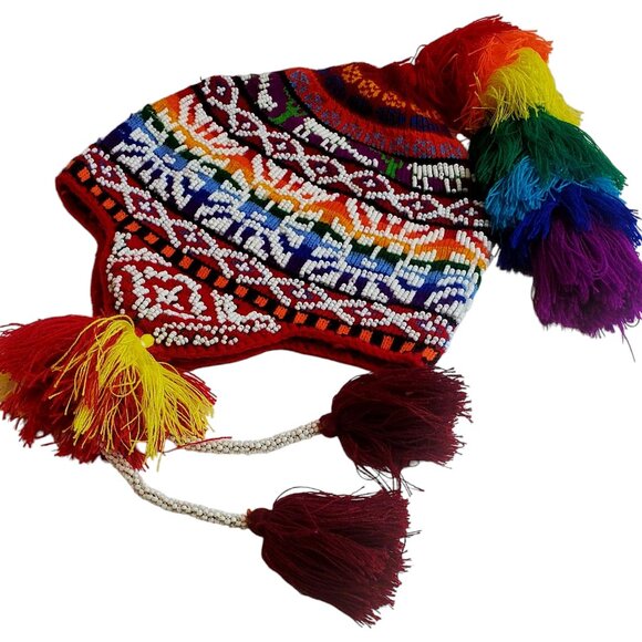 Handwoven Andean Rainbow Chullo Hat – Traditional Peruvian Alpaca Wool Hat with - Picture 1 of 3